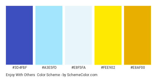 Enjoy with Others - Color scheme palette thumbnail - #3D4FBF #A3E5FD #E8F5FA #FEE902 #E8AF00 