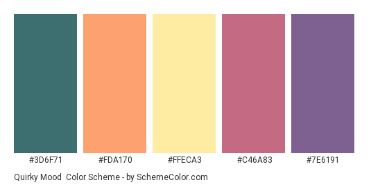 Quirky Mood - Color scheme palette thumbnail - #3D6F71 #FDA170 #FFECA3 #C46A83 #7E6191 