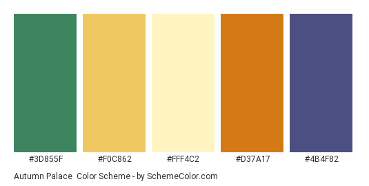 Autumn Palace - Color scheme palette thumbnail - #3D855F #F0C862 #FFF4C2 #D37A17 #4B4F82 