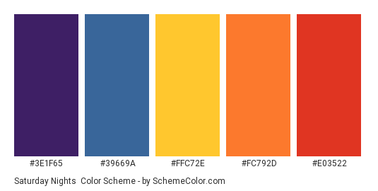 Saturday Nights - Color scheme palette thumbnail - #3E1F65 #39669A #FFC72E #FC792D #E03522 