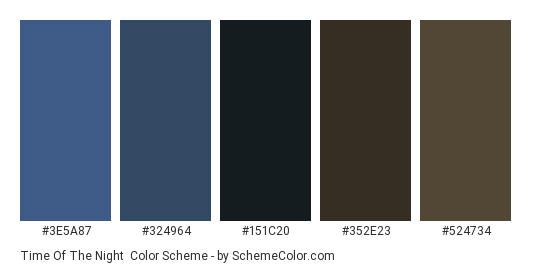Time of the Night - Color scheme palette thumbnail - #3E5A87 #324964 #151C20 #352E23 #524734 