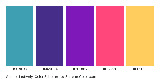 Act Instinctively - Color scheme palette thumbnail - #3E9FB3 #462D8A #7E18B9 #FF477C #FFCD5E 