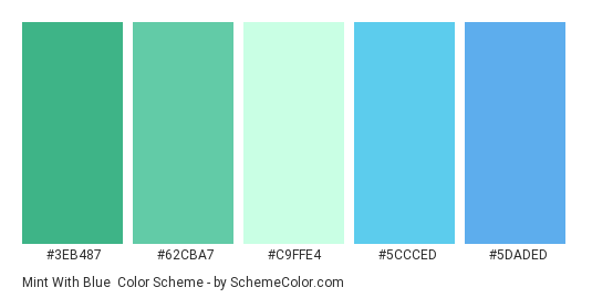 Mint with Blue - Color scheme palette thumbnail - #3EB487 #62CBA7 #C9FFE4 #5CCCED #5DADED 