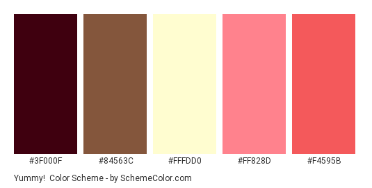 Yummy! - Color scheme palette thumbnail - #3F000F #84563C #FFFDD0 #FF828D #F4595B 