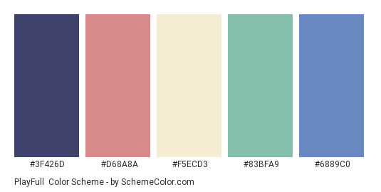 PlayFull - Color scheme palette thumbnail - #3F426D #D68A8A #F5ECD3 #83BFA9 #6889C0 