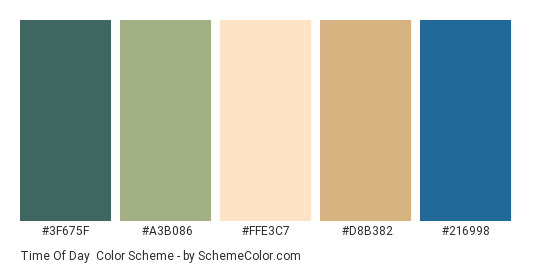 Time of Day - Color scheme palette thumbnail - #3F675F #A3B086 #FFE3C7 #D8B382 #216998 