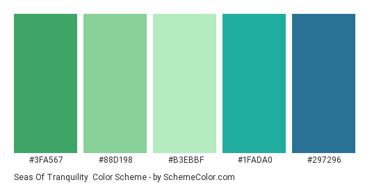 Seas of Tranquility - Color scheme palette thumbnail - #3FA567 #88D198 #B3EBBF #1FADA0 #297296 