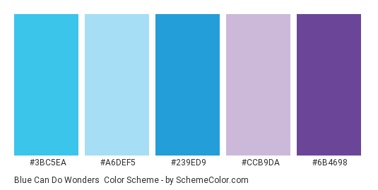 Blue can do Wonders - Color scheme palette thumbnail - #3bc5ea #a6def5 #239ed9 #ccb9da #6b4698 
