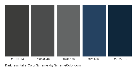 Darkness Falls - Color scheme palette thumbnail - #3c3c3a #4b4c4c #636565 #254261 #0f273b 