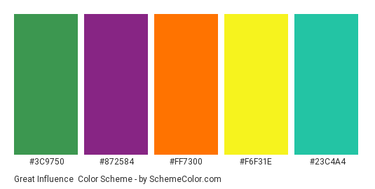 Great Influence - Color scheme palette thumbnail - #3c9750 #872584 #FF7300 #F6F31E #23C4A4 