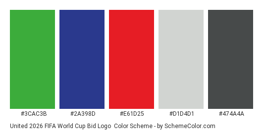 United 2026 FIFA World Cup bid Logo - Color scheme palette thumbnail - #3cac3b #2a398d #e61d25 #d1d4d1 #474a4a 