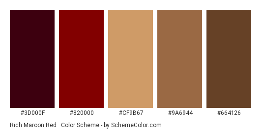 Rich Maroon Red & Brown - Color scheme palette thumbnail - #3d000f #820000 #cf9b67 #9a6944 #664126 