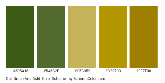 Dull Green and Gold - Color scheme palette thumbnail - #3d5a16 #546b2f #c5b359 #b29700 #9e7f00 