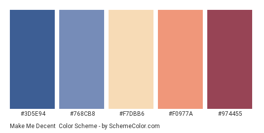 Make Me Decent - Color scheme palette thumbnail - #3d5e94 #768cb8 #f7dbb6 #f0977a #974455 
