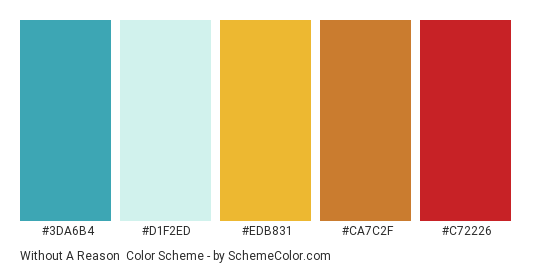 Without a Reason - Color scheme palette thumbnail - #3da6b4 #d1f2ed #edb831 #ca7c2f #c72226 