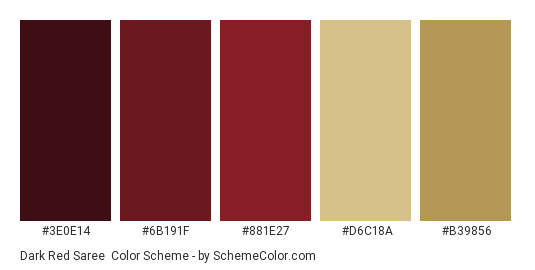 Dark Red Saree - Color scheme palette thumbnail - #3e0e14 #6b191f #881e27 #d6c18a #b39856 