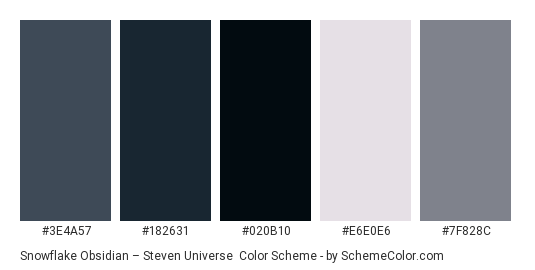 Snowflake Obsidian – Steven Universe - Color scheme palette thumbnail - #3e4a57 #182631 #020b10 #e6e0e6 #7f828c 