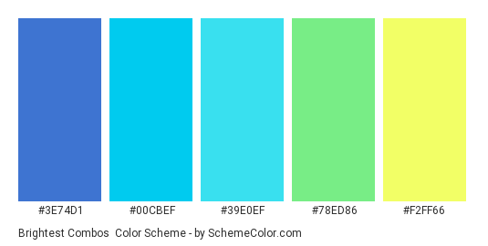 Brightest combos - Color scheme palette thumbnail - #3e74d1 #00cbef #39e0ef #78ed86 #f2ff66 