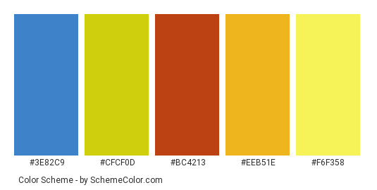 Nature Leaves - Color scheme palette thumbnail - #3e82c9 #cfcf0d #bc4213 #eeb51e #f6f358 