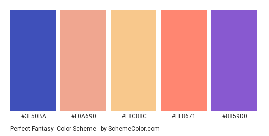 Perfect Fantasy - Color scheme palette thumbnail - #3f50ba #f0a690 #f8c88c #ff8671 #8859d0 