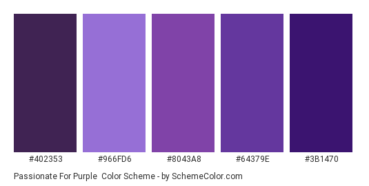 Passionate for Purple - Color scheme palette thumbnail - #402353 #966FD6 #8043A8 #64379E #3B1470 