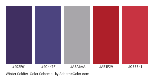 Winter Soldier - Color scheme palette thumbnail - #402F61 #4C447F #A8A6AA #AE1F29 #C83341 