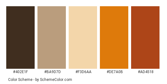 Bavarian Frescos - Color scheme palette thumbnail - #402e1f #ba9d7d #f3d6aa #de7a0b #ad4518 