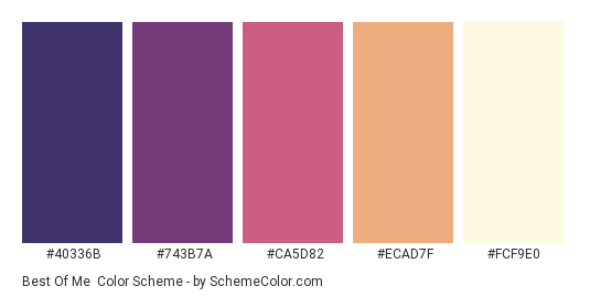 Best of Me - Color scheme palette thumbnail - #40336B #743B7A #CA5D82 #ECAD7F #FCF9E0 