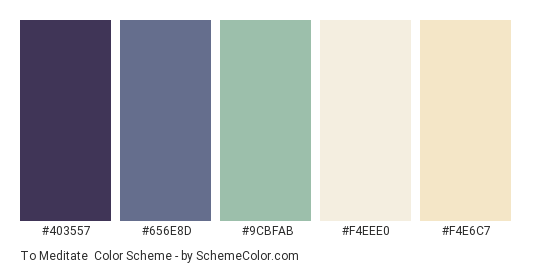 To Meditate - Color scheme palette thumbnail - #403557 #656E8D #9CBFAB #F4EEE0 #F4E6C7 