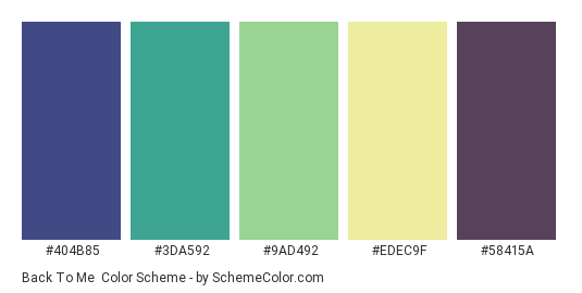 Back to Me - Color scheme palette thumbnail - #404B85 #3DA592 #9AD492 #EDEC9F #58415A 