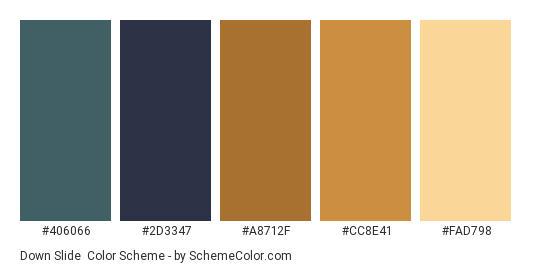 Down Slide - Color scheme palette thumbnail - #406066 #2D3347 #A8712F #CC8E41 #FAD798 