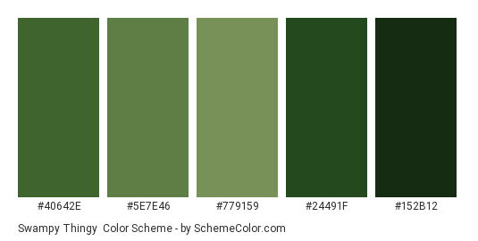 Swampy Thingy - Color scheme palette thumbnail - #40642e #5e7e46 #779159 #24491f #152b12 