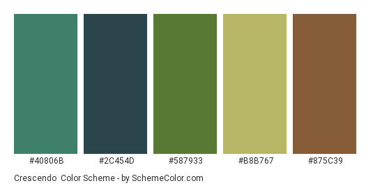 Crescendo - Color scheme palette thumbnail - #40806B #2C454D #587933 #B8B767 #875C39 