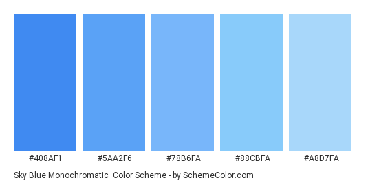 Sky Blue Monochromatic - Color scheme palette thumbnail - #408af1 #5aa2f6 #78b6fa #88cbfa #a8d7fa 