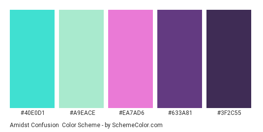 Amidst Confusion - Color scheme palette thumbnail - #40E0D1 #A9EACE #EA7AD6 #633A81 #3F2C55 
