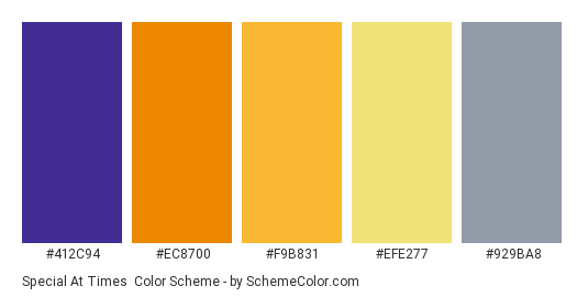Special at Times - Color scheme palette thumbnail - #412C94 #EC8700 #F9B831 #EFE277 #929BA8 