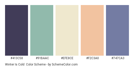 Winter is Cold - Color scheme palette thumbnail - #413C58 #91BAAC #EFE8CE #F2C3A0 #747CA3 