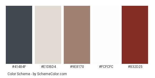Mortgage Building - Color scheme palette thumbnail - #41484f #e1dbd4 #9e8170 #fcfcfc #832d25 