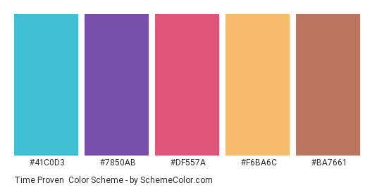 Time Proven - Color scheme palette thumbnail - #41C0D3 #7850AB #DF557A #F6BA6C #BA7661 