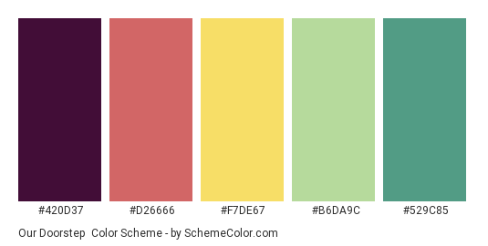 Our Doorstep - Color scheme palette thumbnail - #420D37 #D26666 #F7DE67 #B6DA9C #529C85 