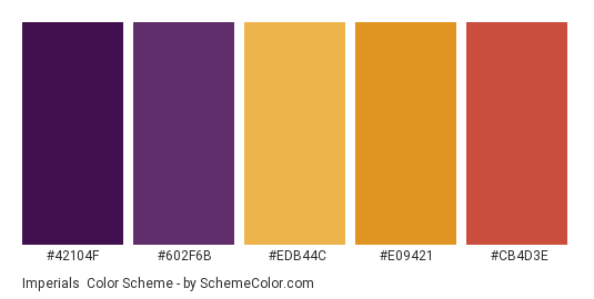 Imperials - Color scheme palette thumbnail - #42104f #602f6b #edb44c #e09421 #cb4d3e 