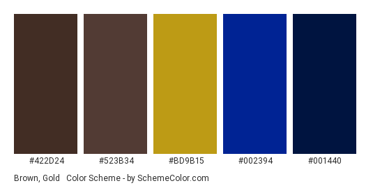 Brown, Gold & Blue - Color scheme palette thumbnail - #422D24 #523B34 #BD9B15 #002394 #001440 