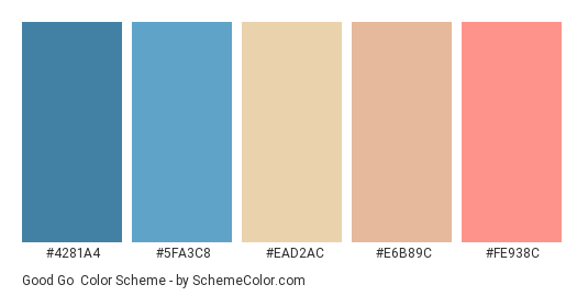 Good Go - Color scheme palette thumbnail - #4281A4 #5FA3C8 #EAD2AC #E6B89C #FE938C 