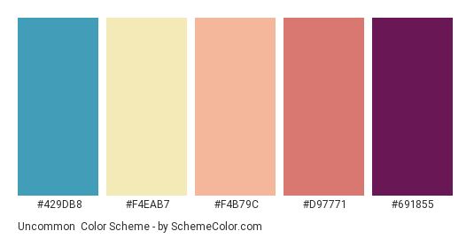 Uncommon - Color scheme palette thumbnail - #429DB8 #F4EAB7 #F4B79C #D97771 #691855 