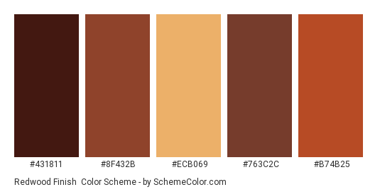 Redwood Finish - Color scheme palette thumbnail - #431811 #8F432B #ECB069 #763C2C #B74B25 
