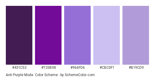 Anti Purple Mode - Color scheme palette thumbnail - #431C53 #720B98 #966FD6 #CBC0F1 #B19CD9 