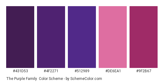 The Purple Family - Color scheme palette thumbnail - #431d53 #4f2271 #512989 #de6ea1 #9f2b67 