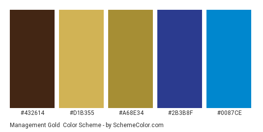 Management Gold - Color scheme palette thumbnail - #432614 #d1b355 #a68e34 #2b3b8f #0087ce 