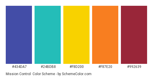 Mission Control - Color scheme palette thumbnail - #434DA7 #24BDB8 #F8D200 #F87E20 #992639 
