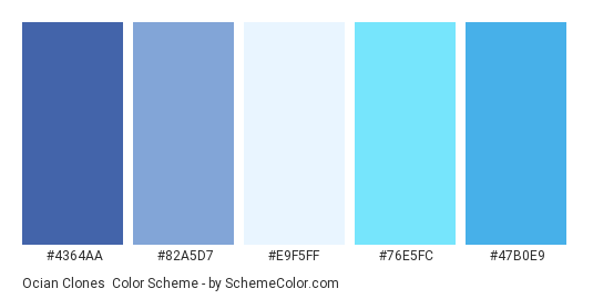 Ocian Clones - Color scheme palette thumbnail - #4364AA #82A5D7 #E9F5FF #76E5FC #47B0E9 